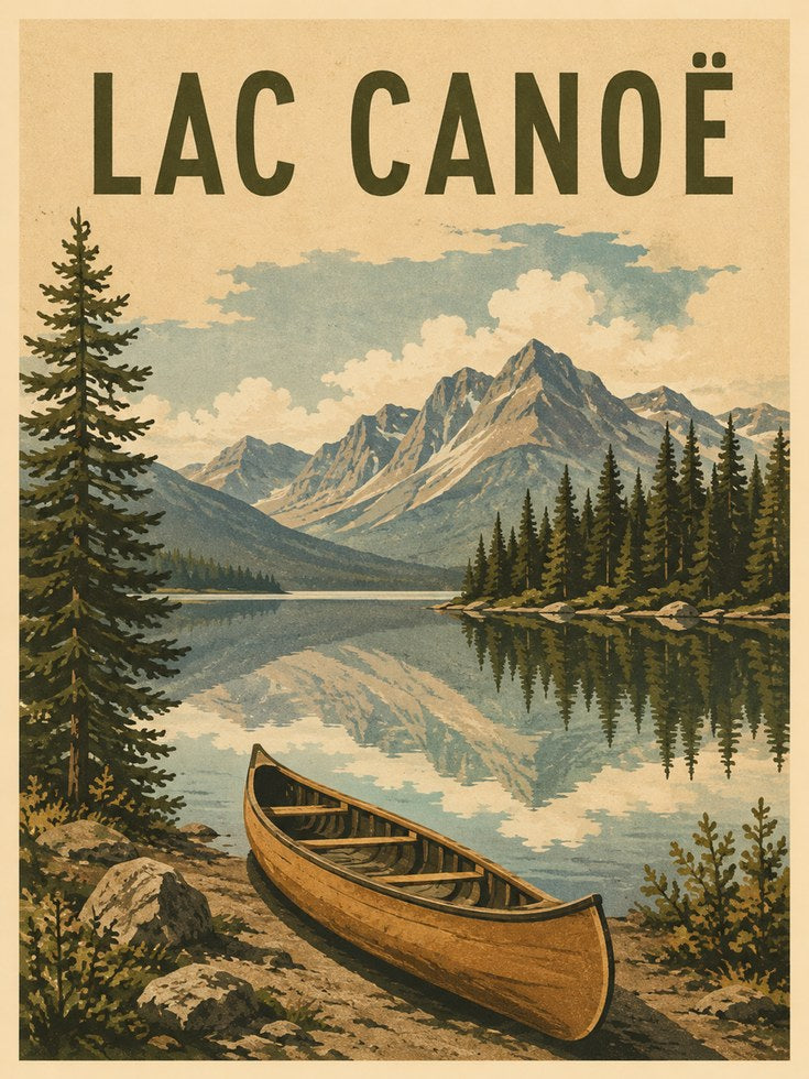 Lac Canoe Mountain Lake Poster: Vintage Travel Art Print - artwork on paper