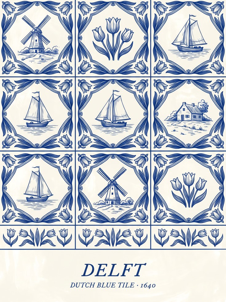 Delft Blue Tile Print: Dutch Windmill and Tulip Art - artwork on paper