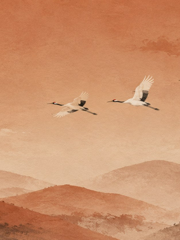 Flying Cranes Art Print: Minimalist Terracotta Landscape Design - artwork on paper