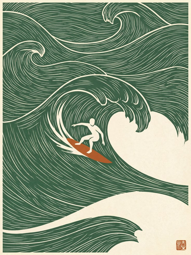 Japanese Wave Surfer Print: Minimalist Green Ocean Art - artwork on paper