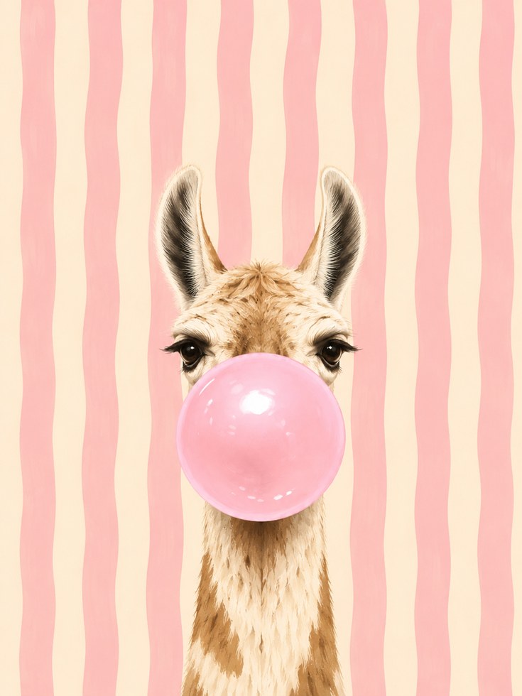 Llama Blowing Bubblegum Art Print: Whimsical Pink Stripes - artwork on paper