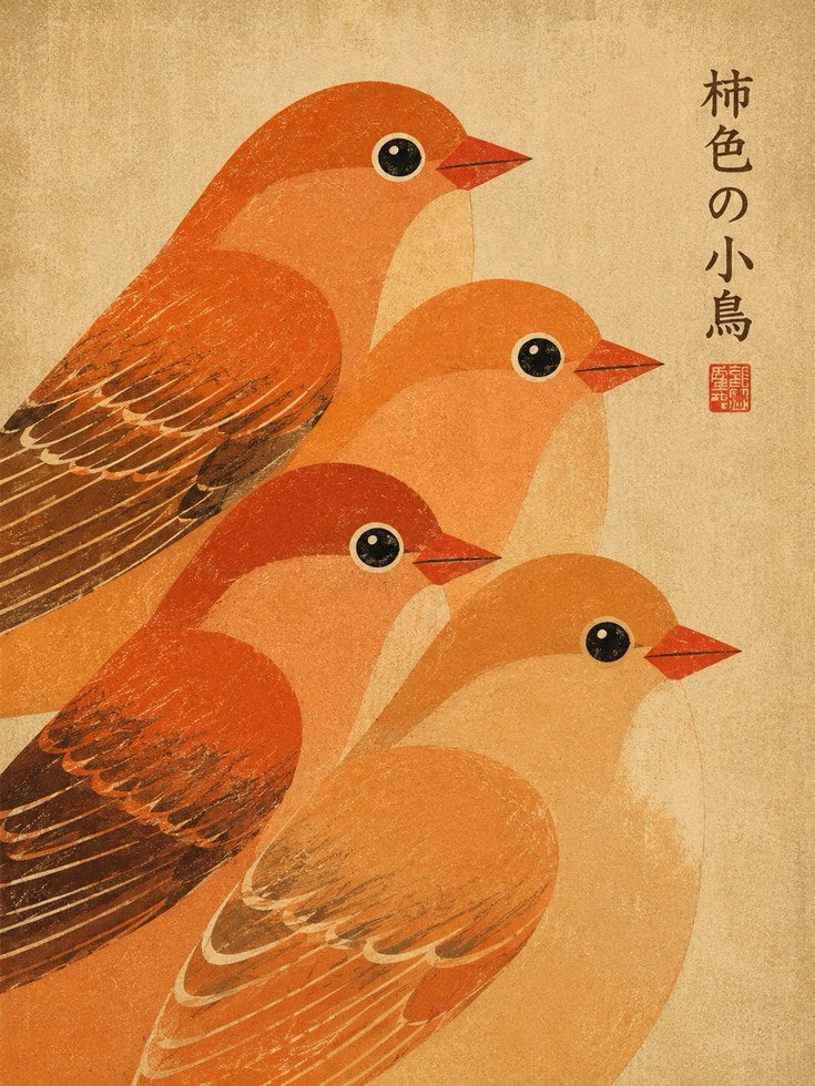 Japanese Bird Art Print — Vintage Orange Songbirds - artwork on paper