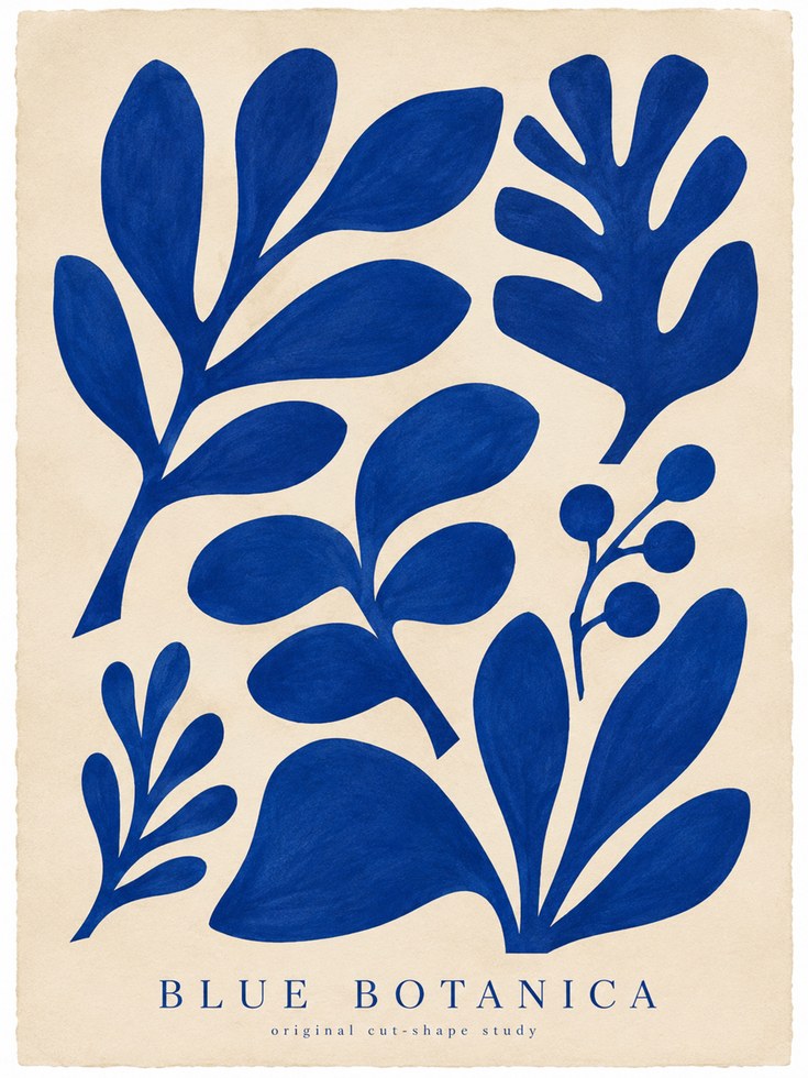Blue Botanical Print – Minimalist Leaf Wall Art - artwork on paper