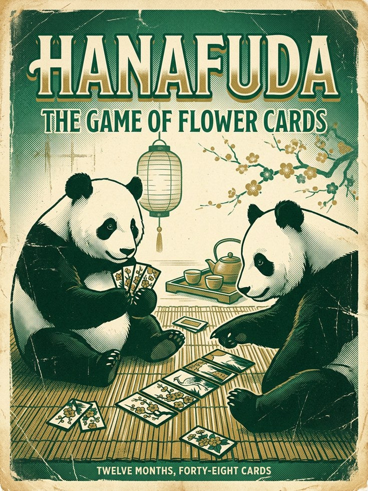 Hanafuda Pandas Playing Cards Poster: Vintage Japanese Art Print - artwork on paper