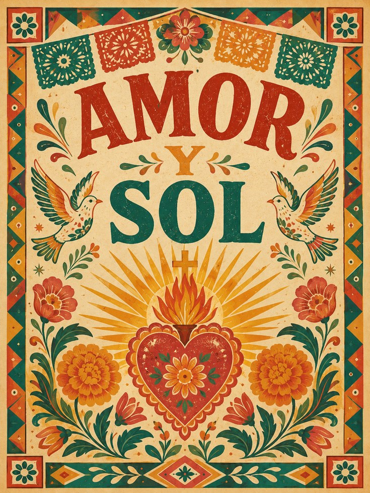 Amor y Sol Folk Art Print: Colorful Floral Heart - artwork on paper