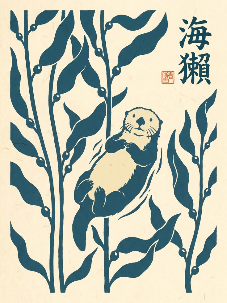 Sea Otter Print – Japanese Kelp Forest - artwork on paper