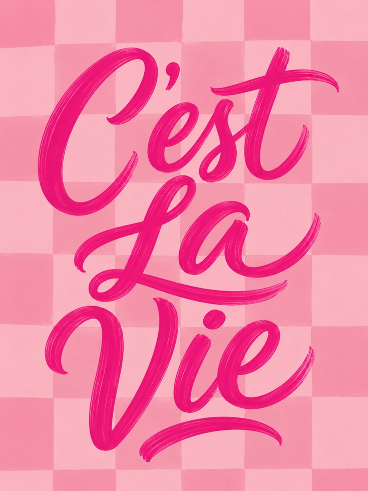 C'est La Vie Typography Print: Pink Checkerboard Wall Art - artwork on paper