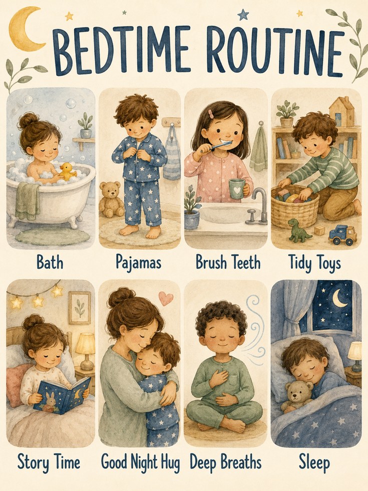 Bedtime Routine Chart: Watercolor Kids Art for Nursery & Bedroom - artwork on paper