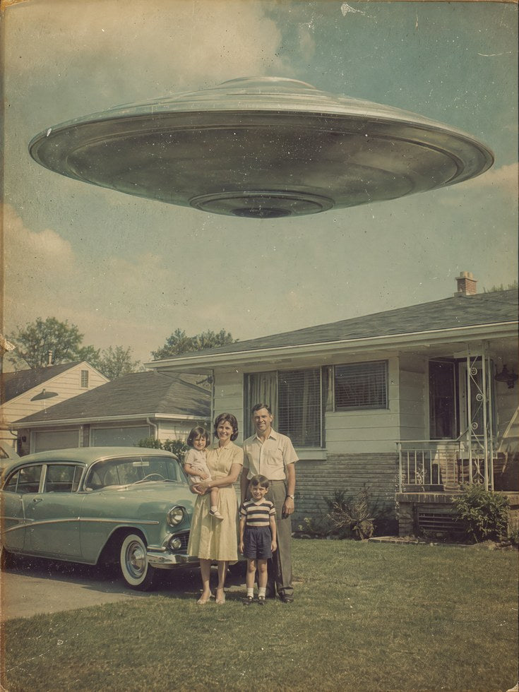 Vintage UFO Family Photo Print — Retro Flying Saucer Sci-Fi Art - artwork on paper