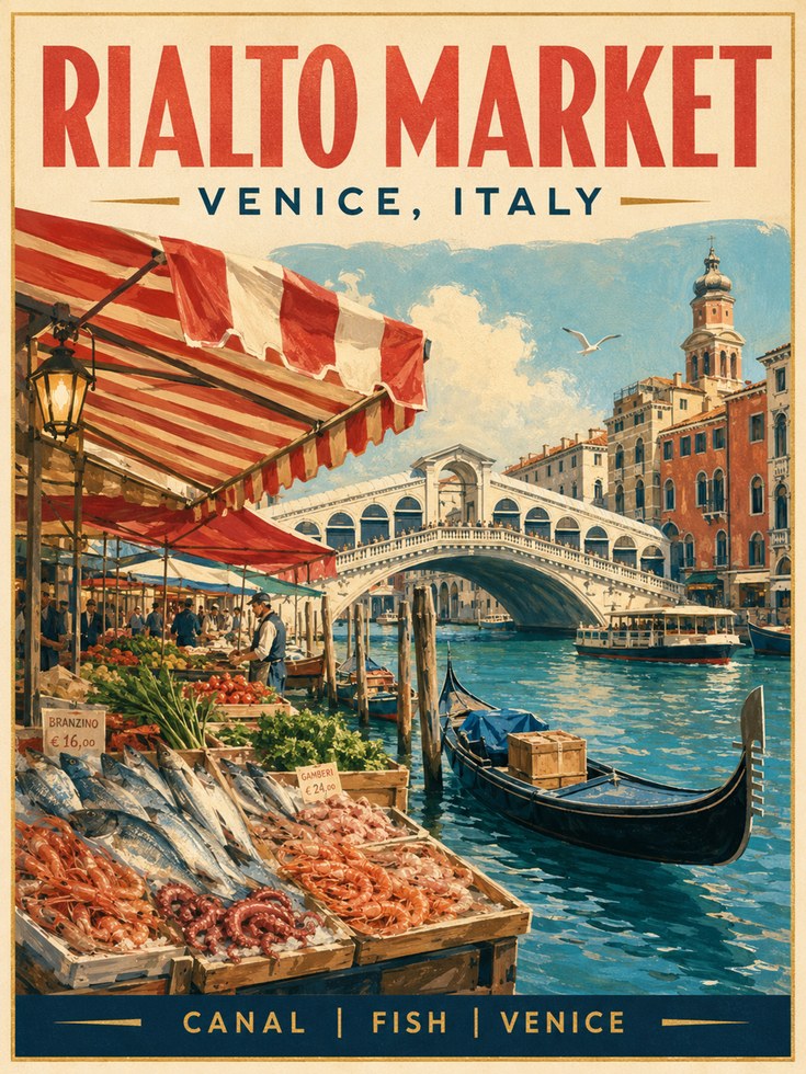 Rialto Market Venice Poster — Vintage Italian Travel Print - artwork on paper