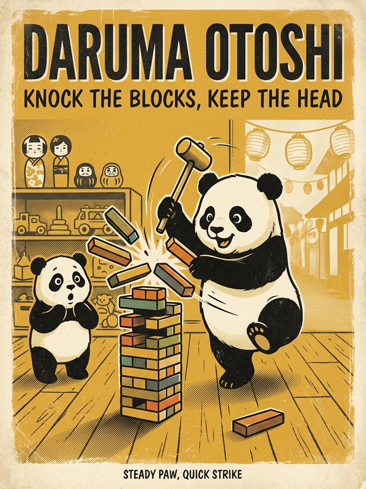 Daruma Otoshi Panda Poster: Vintage Japanese Game Art Print - artwork on paper