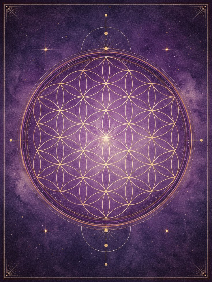 Flower of Life Sacred Geometry Print: Purple and Gold Mandala - artwork on paper