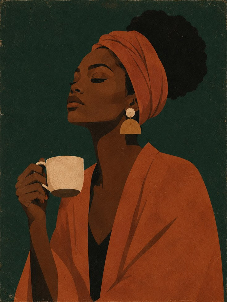 Black Woman Coffee Art – Modern Portrait Print - artwork on paper