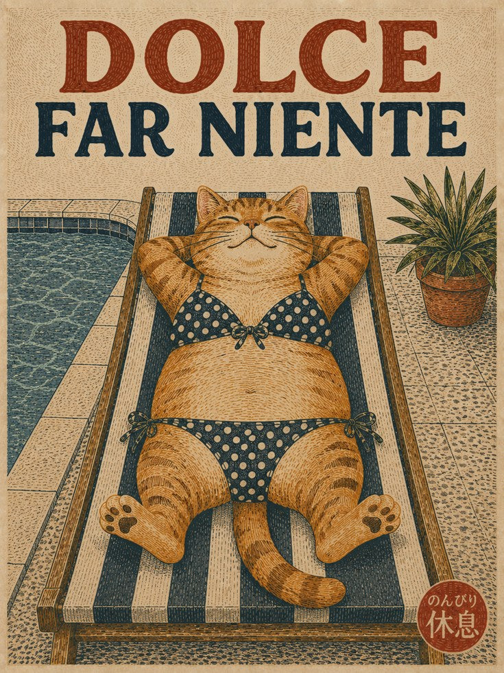 Dolce Far Niente Cat Poolside Poster: Vintage Italian Style Art - artwork on paper