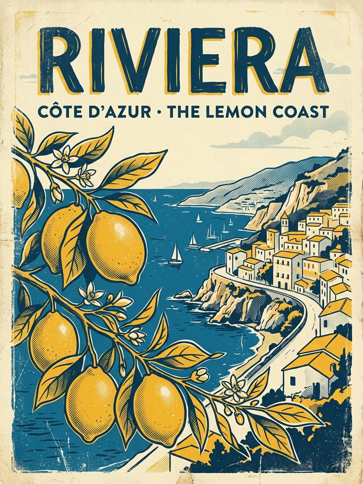 Riviera Travel Poster Print — Vintage Côte d'Azur Lemon Coast - artwork on paper