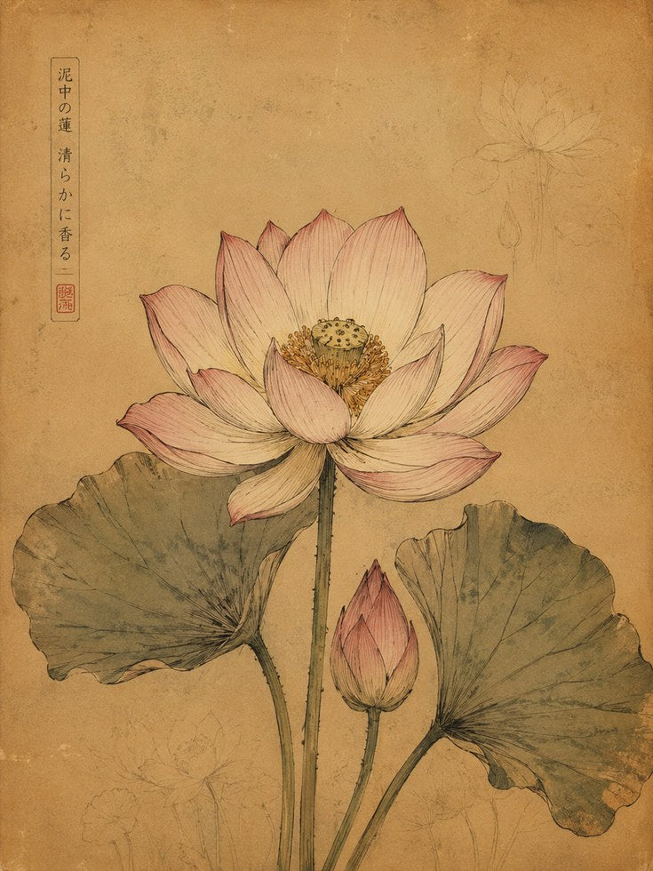 Vintage Lotus Botanical Print — Asian Watercolor Art - artwork on paper