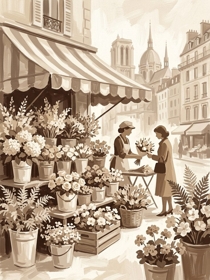 Vintage Paris Flower Market Print — Sepia Parisian Street Scene - artwork on paper
