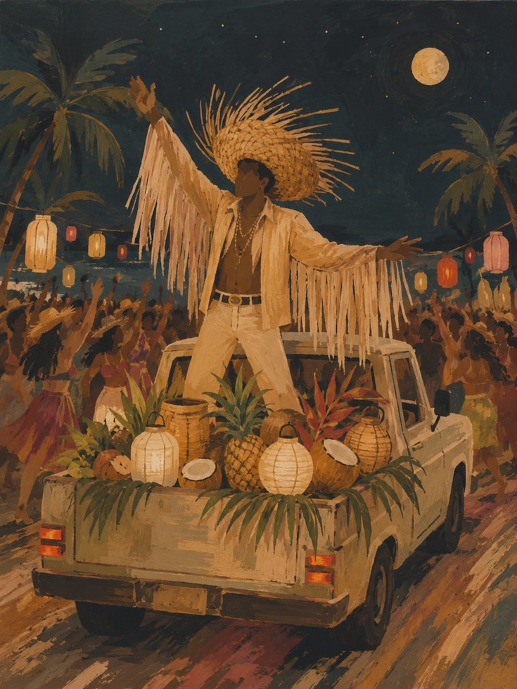 Tropical Carnival Parade Print: Golden Night Festival Art - artwork on paper