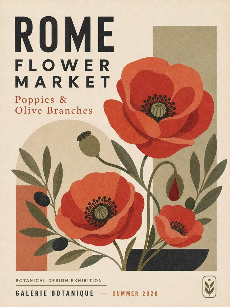 Botanical Poppy Print — Vintage Rome Flower Market Poster - artwork on paper