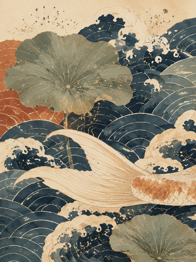 Japanese Koi and Lotus Waves Art Print: Traditional Ocean Design - artwork on paper