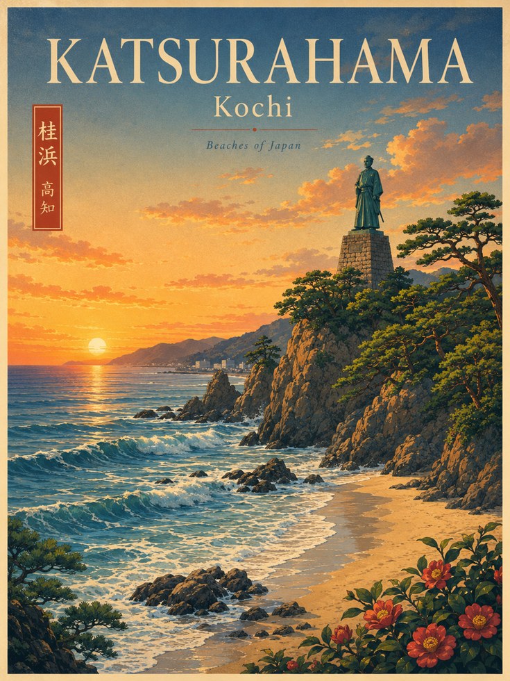 Katsurahama Beach Kochi Poster: Vintage Japanese Travel Art Print - artwork on paper