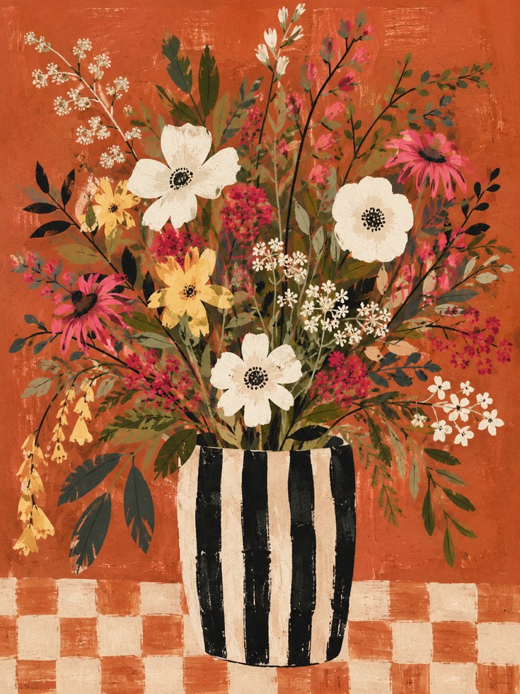 Floral Vase Wall Art – Retro Botanical Print - artwork on paper