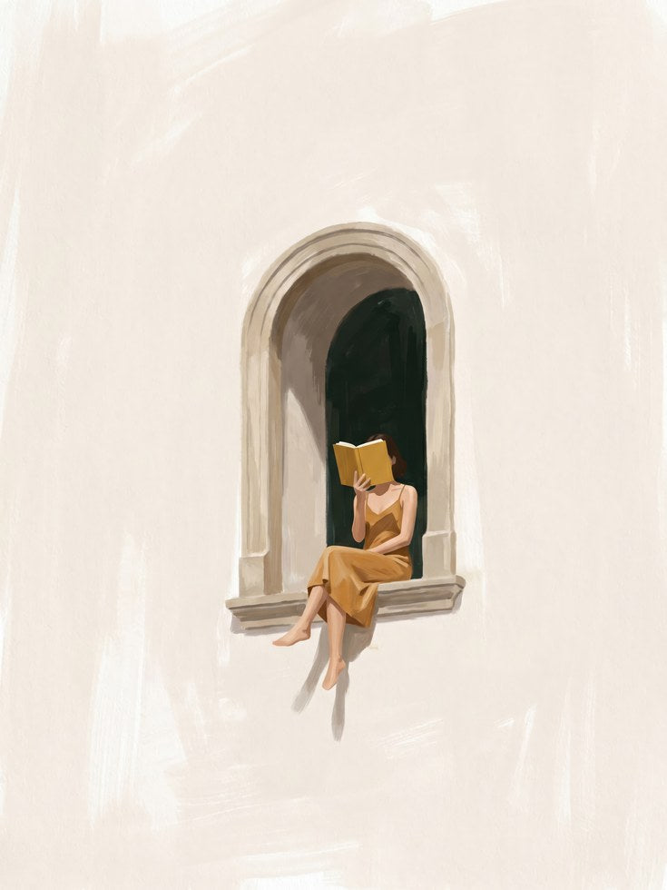Figurative Wall Art: Woman Reading in Window - artwork on paper