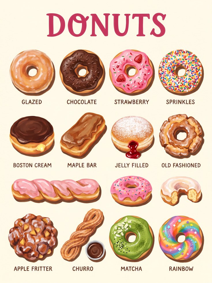 Vintage Donut Chart Print – Bakery Illustration - artwork on paper