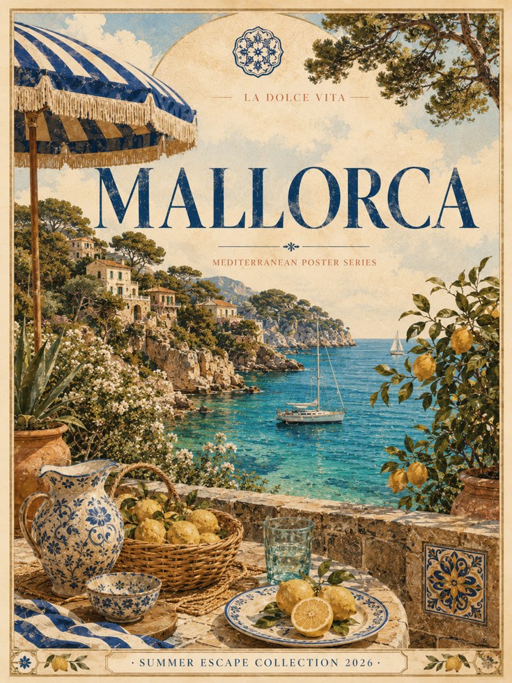 Mallorca Vintage Travel Poster — Mediterranean Coastal Print - artwork on paper