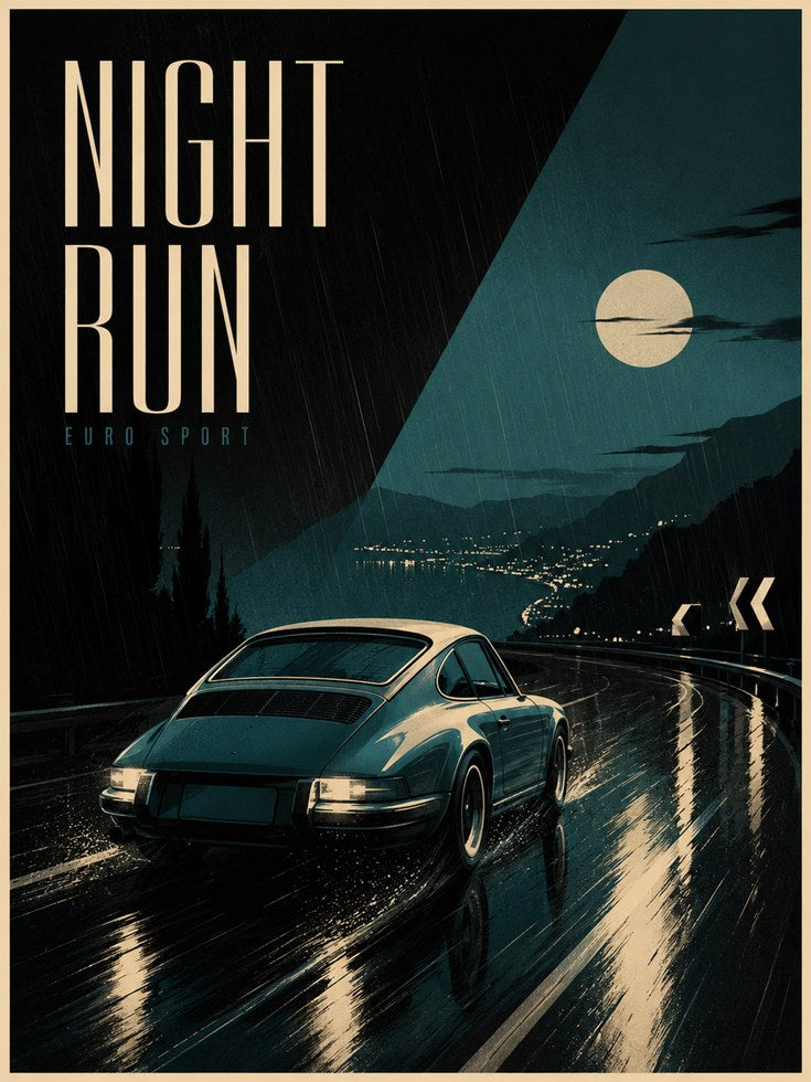 Night Run Sports Car Poster: Retro Racing Art with Teal Moonlight - artwork on paper