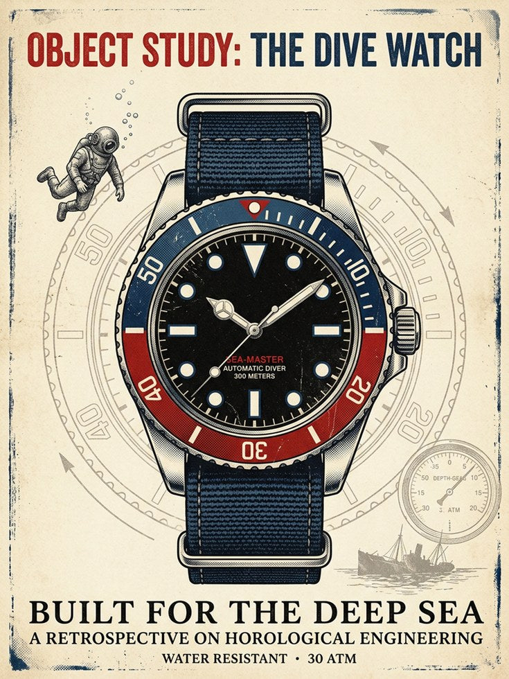 Vintage Dive Watch Poster: Retro Technical Illustration Art Print - artwork on paper