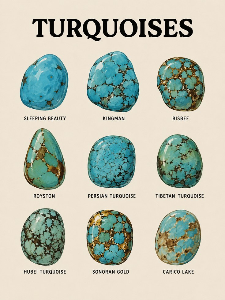 Turquoise Gemstone Chart Print — Educational Mineral Illustration - artwork on paper