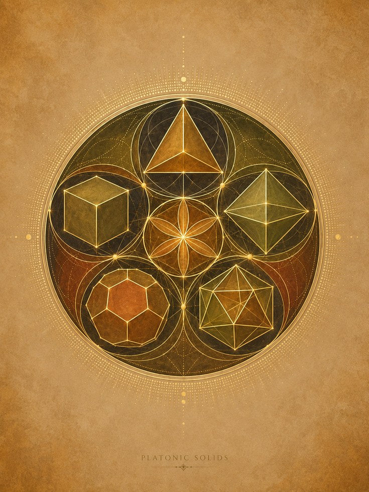 Platonic Solids Art Print: Golden Sacred Geometry Wall Decor - artwork on paper