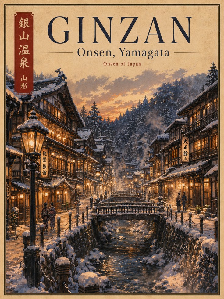 Ginzan Onsen Travel Poster - artwork on paper