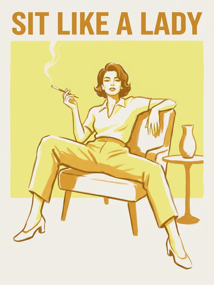 Sit Like a Lady Retro Poster: Mid-Century Yellow Lounge Art - artwork on paper