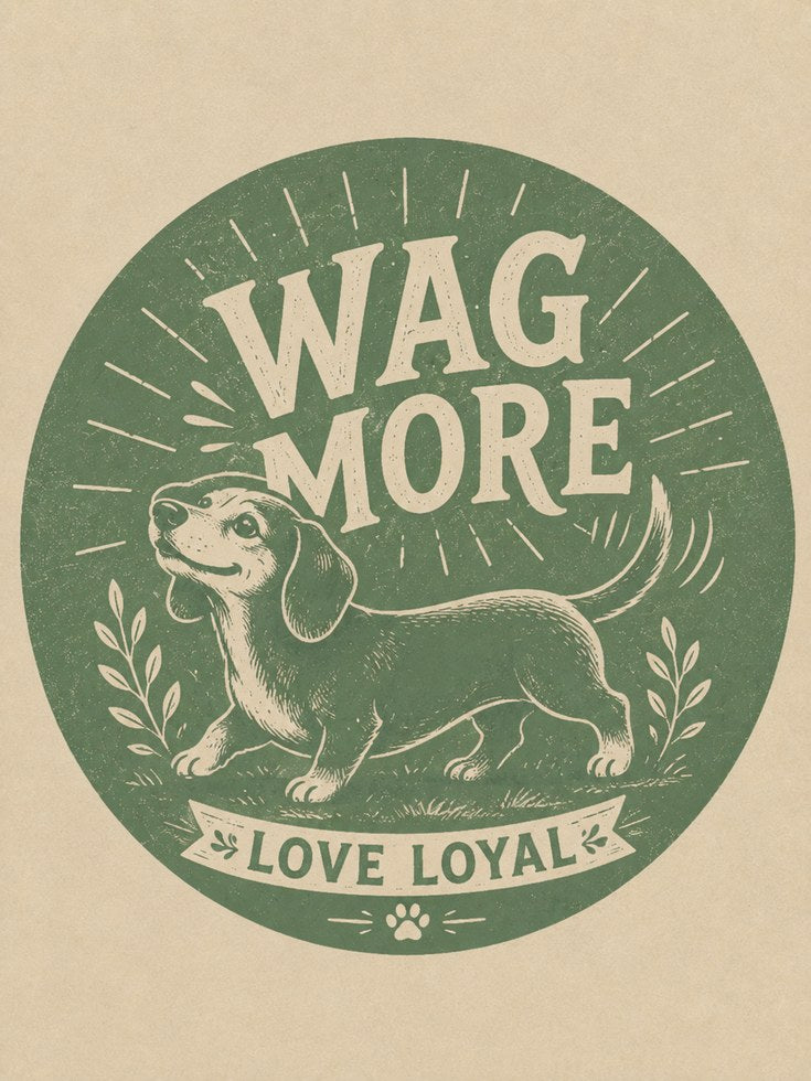 Wag More Dachshund Print: Vintage Green Dog Poster - artwork on paper