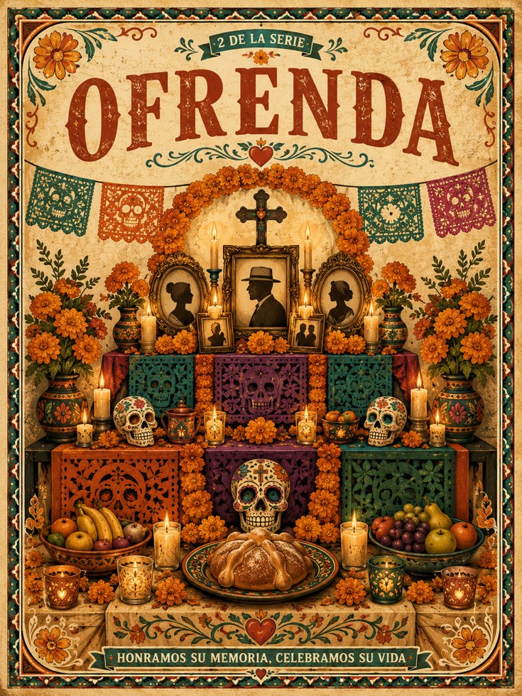 Dia de los Muertos Ofrenda Art Print: Mexican Folk Art Altar - artwork on paper