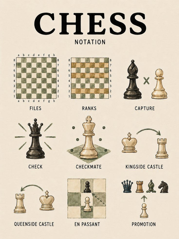 Chess Notation Guide Poster: Vintage Educational Wall Art - artwork on paper