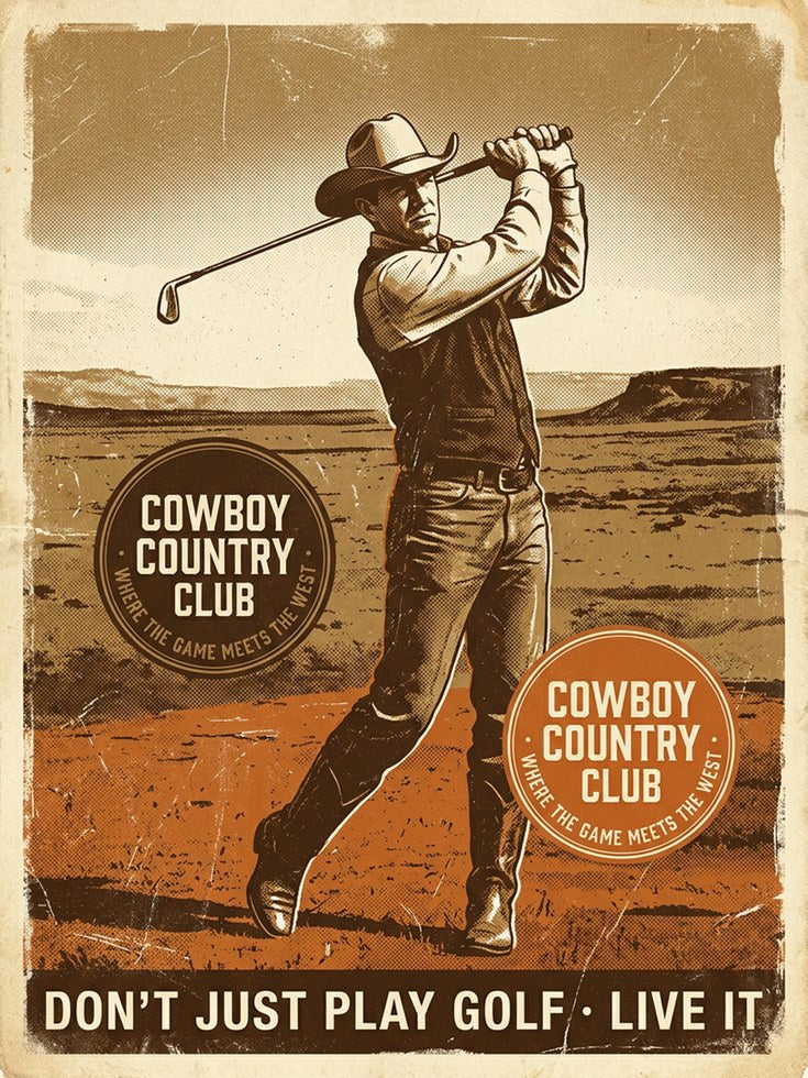 Cowboy Golfer Wall Art: Vintage Western Sports Poster - artwork on paper