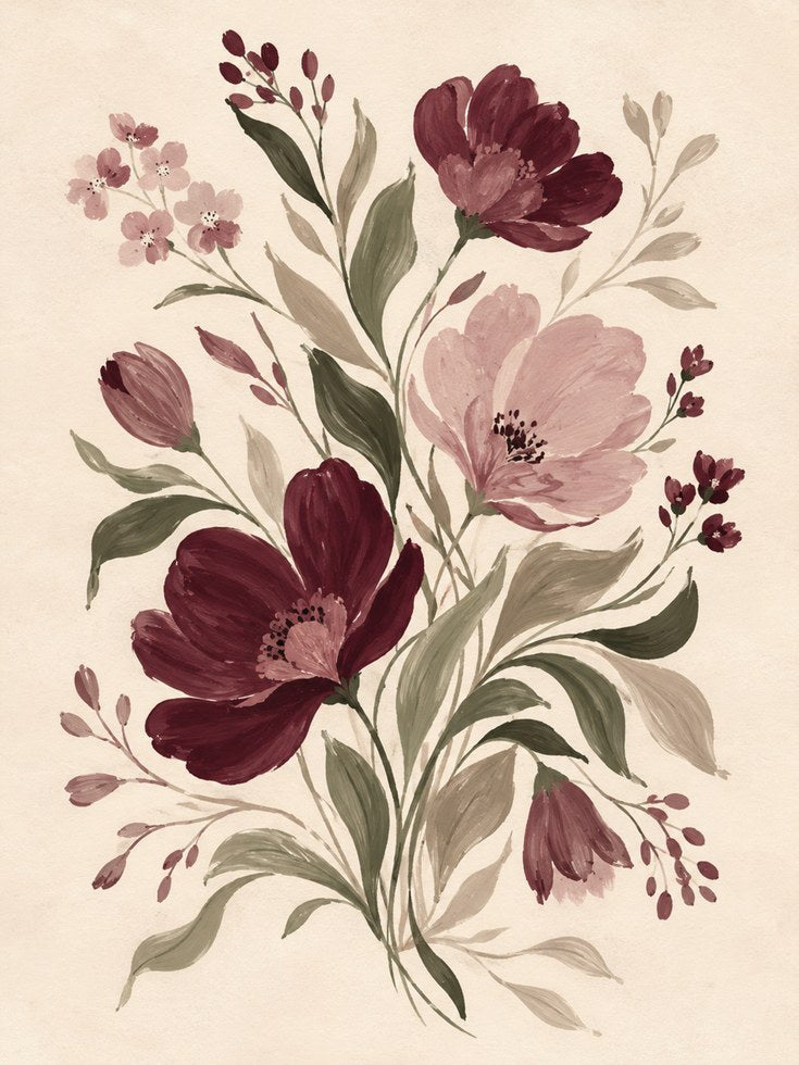 Burgundy Floral Botanical Print: Vintage Watercolor Wall Art - artwork on paper