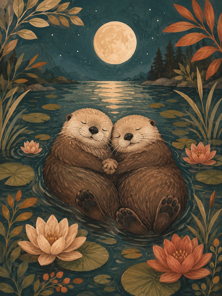 Otter Wall Art – Moonlight Lake Print - artwork on paper