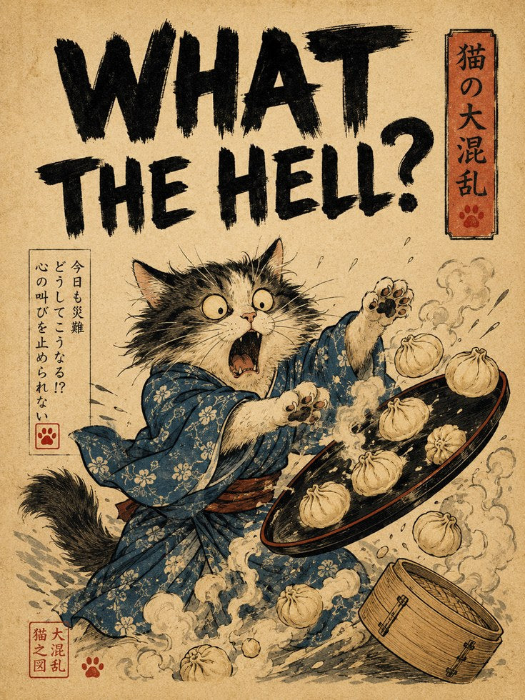 Japanese Cat Ukiyo-e Print: What The Hell Meme Wall Art - artwork on paper