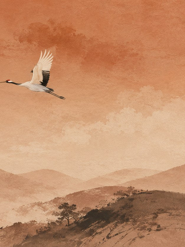 Flying Crane Over Mountains: Minimalist Japanese Landscape Art Print - artwork on paper