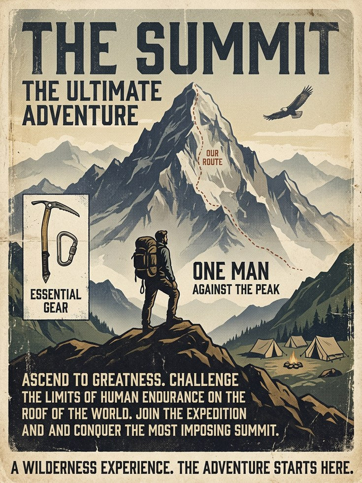 Vintage Mountain Climbing Poster Print — Retro Adventure Summit Art - artwork on paper