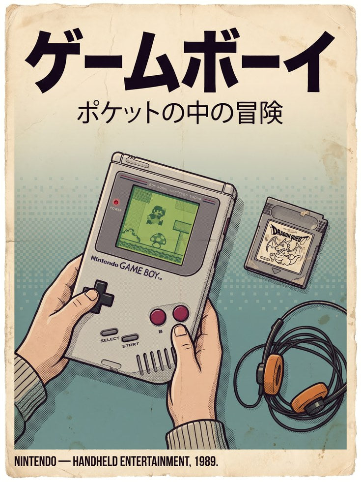 Japanese Retro Game Boy Poster: Vintage Art Print - artwork on paper