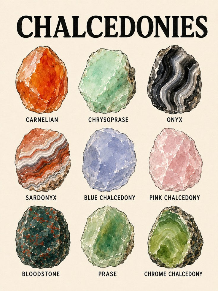 Chalcedony Stone Collection Print: Vintage Geology Chart Art - artwork on paper