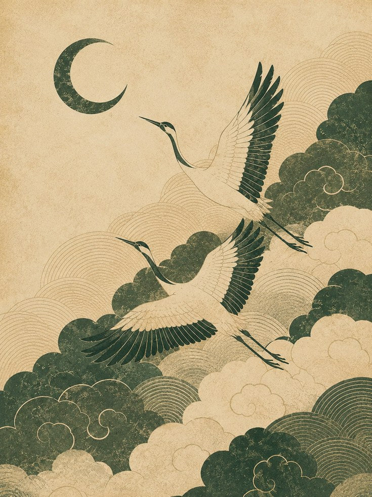 Crane Art Print: Vintage Japanese Moon and Clouds (Living Room Decor) - artwork on paper