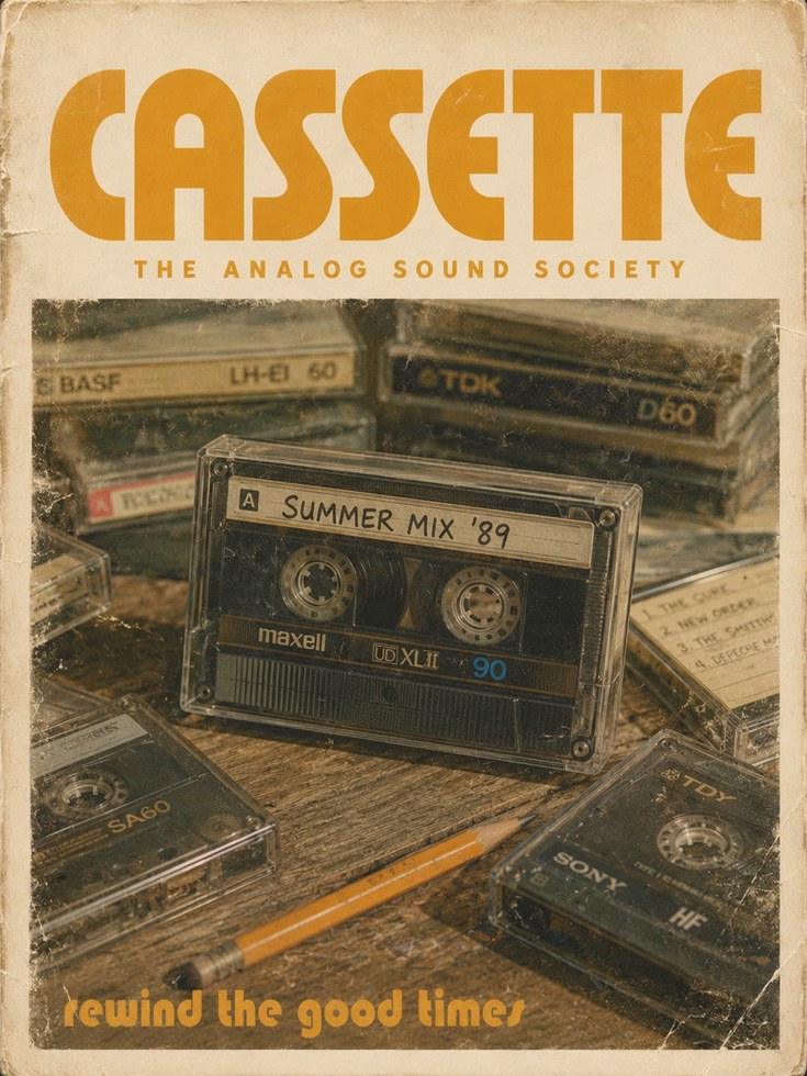 Vintage Cassette Tape Poster — Retro 80s Music Wall Art - artwork on paper