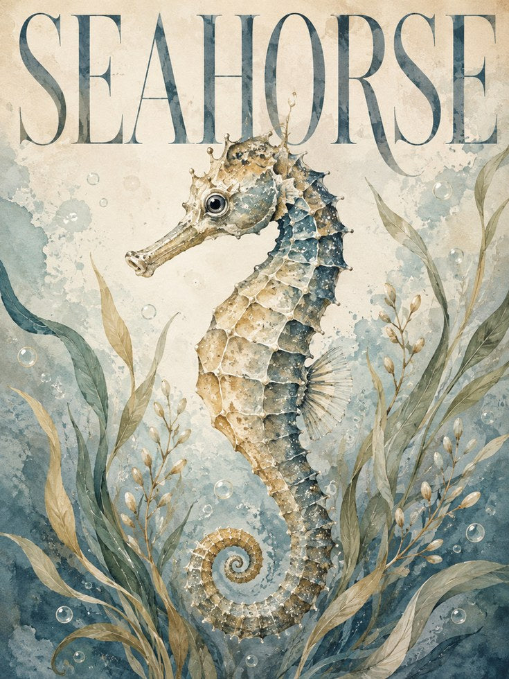 Seahorse Wall Art – Coastal Bathroom Decor - artwork on paper