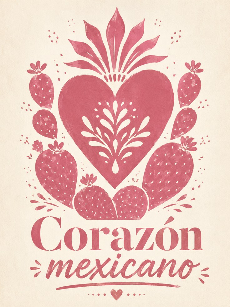 Corazón Mexicano Wall Art: Pink Sacred Heart Folk Design - artwork on paper